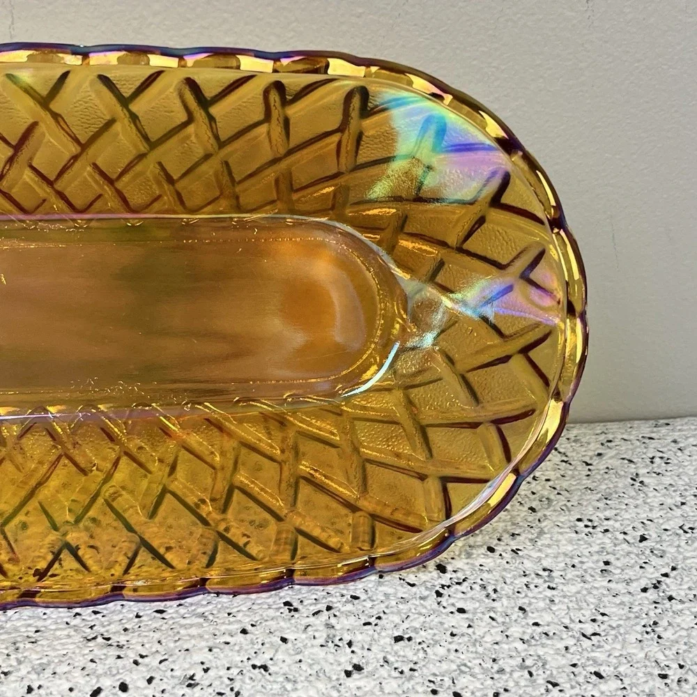 Indiana Glass Vintage Amber Marigold Carnival Glass Dish Basketweave Pretzel